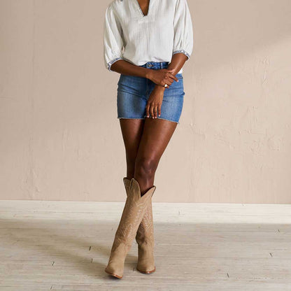 Beige Embroidered Almond Toe Chunky Heel Knee-High Cowgirl Boots