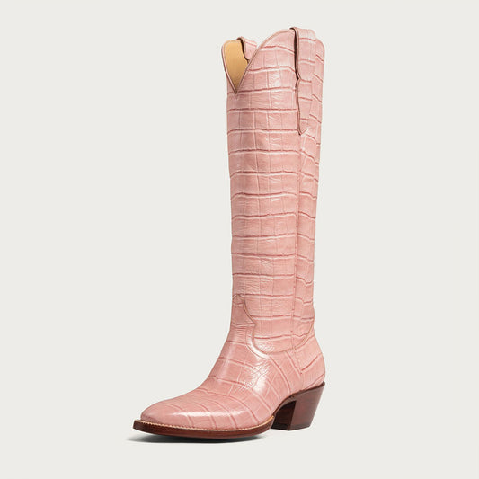 Embossed Low Block Heel Knee High Pink Cowboy Boots for Women