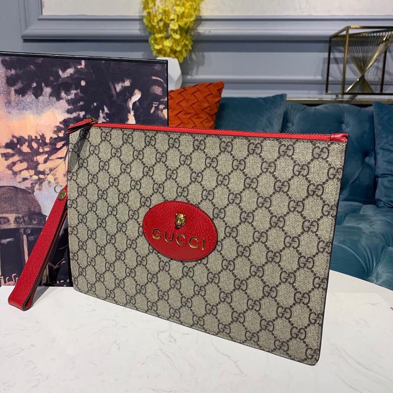 gg Neo Vintage gg Supreme Pouch Beige/Red For Women 12in/30cm gg