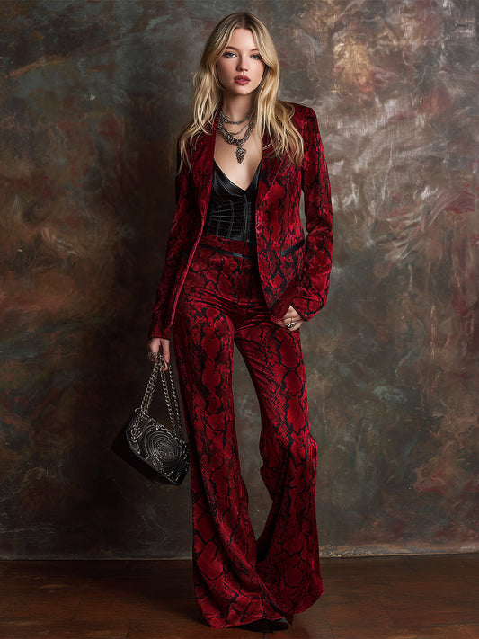 Elegant Retro Loose Snake Print Red Velvet Blazer