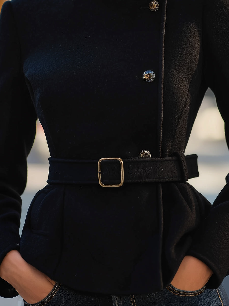 Elegant Black Belted Wool Blend Coat