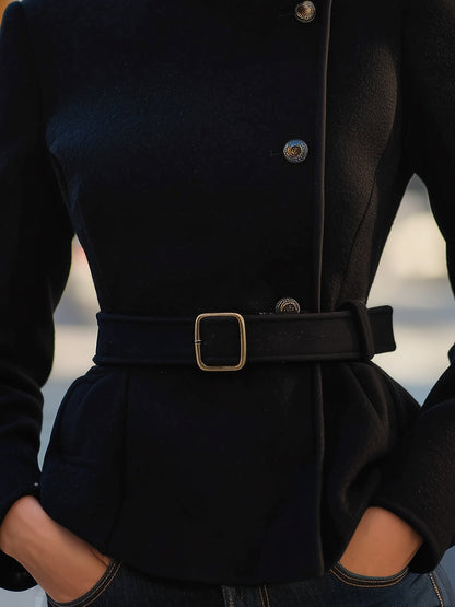 Elegant Black Belted Wool Blend Coat