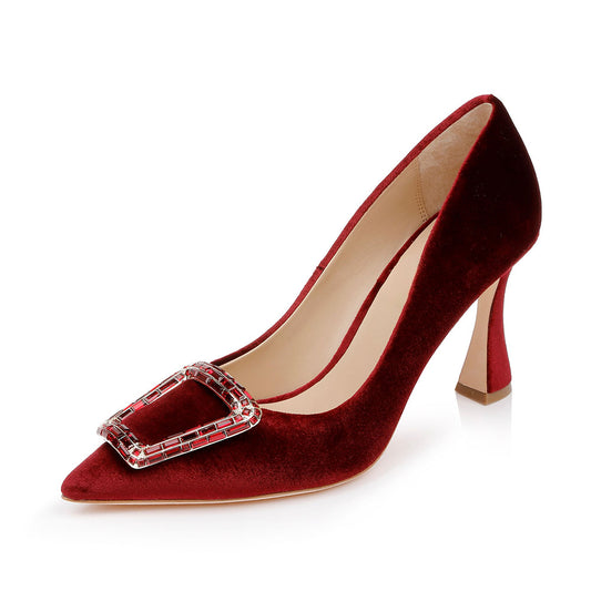 Elegant Velvet Buckle Accent Pointed Toe Slip-On Pumps Heels in Red