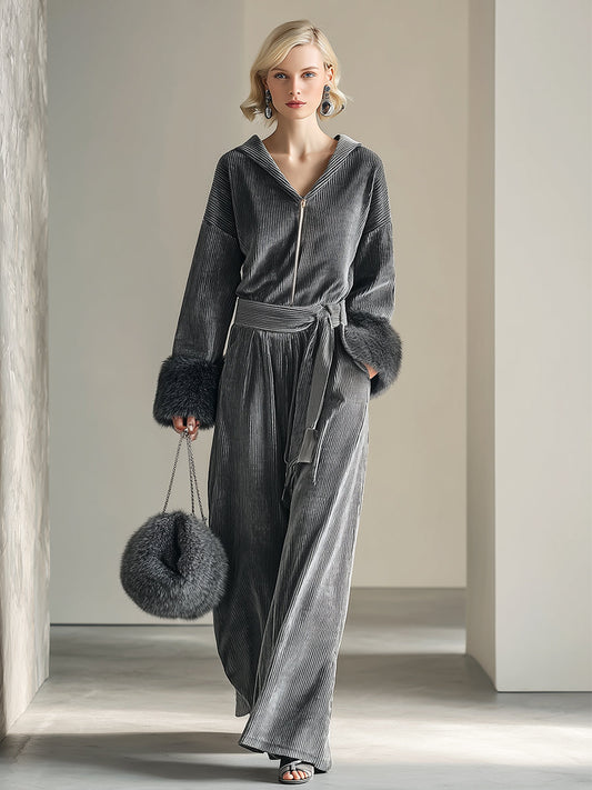 Elegant Loose Fur Trim Silver-gray Textured Velvet Hooded Front Zipper Belt Long-sleeved Jumpsuit