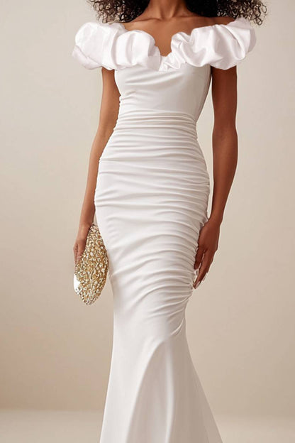 Elegant White Mermaid Evening Gown Ruffled Off Shoulder Neckline Maxi Dress