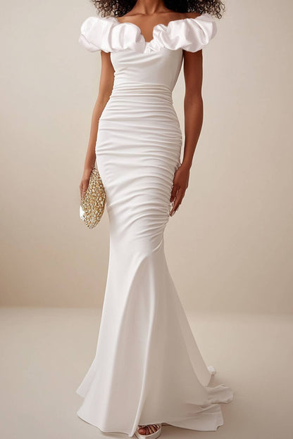 Elegant White Mermaid Evening Gown Ruffled Off Shoulder Neckline Maxi Dress