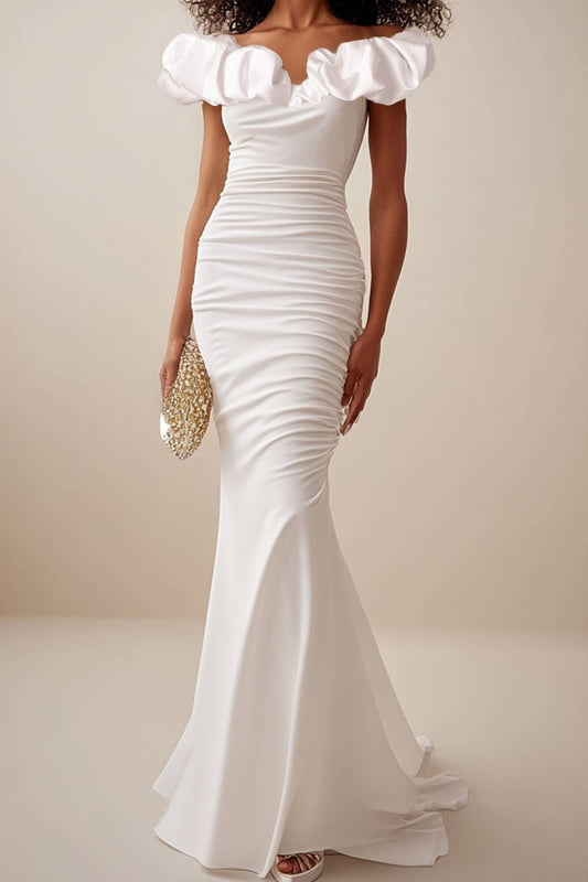 Elegant White Mermaid Evening Gown Ruffled Off Shoulder Neckline Maxi Dress