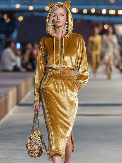 Fashionable And Playful Gold Velvet Cat Zipper Hooded Slit Midi Dress