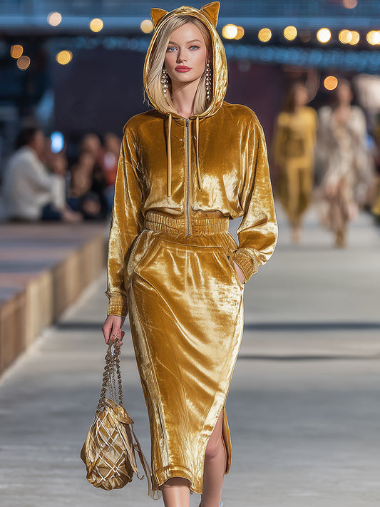 Fashionable And Playful Gold Velvet Cat Zipper Hooded Slit Midi Dress
