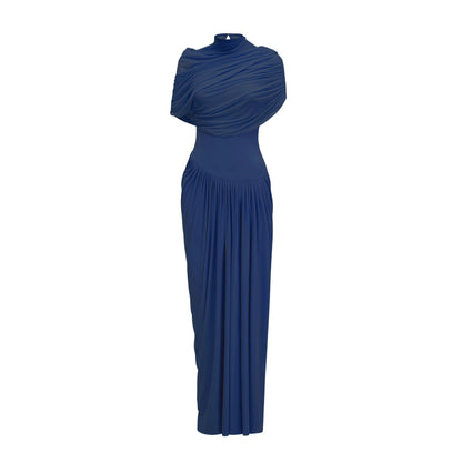 Catherine asymmetrical pleated maxi dress in Navy-blue