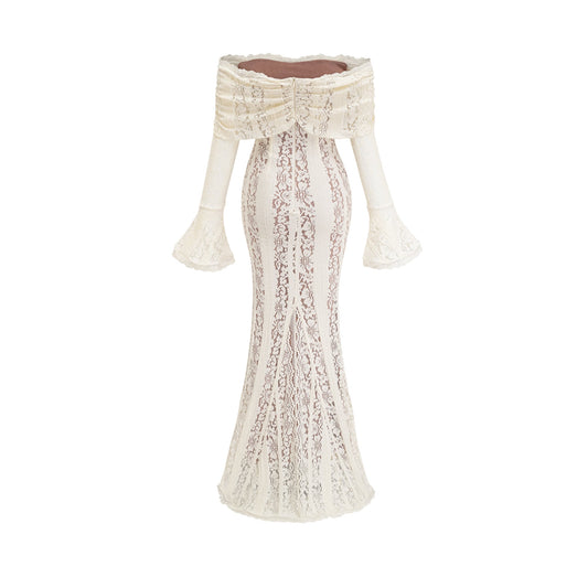 Émeline floral lace flared-cuff maxi dress in Neutrals