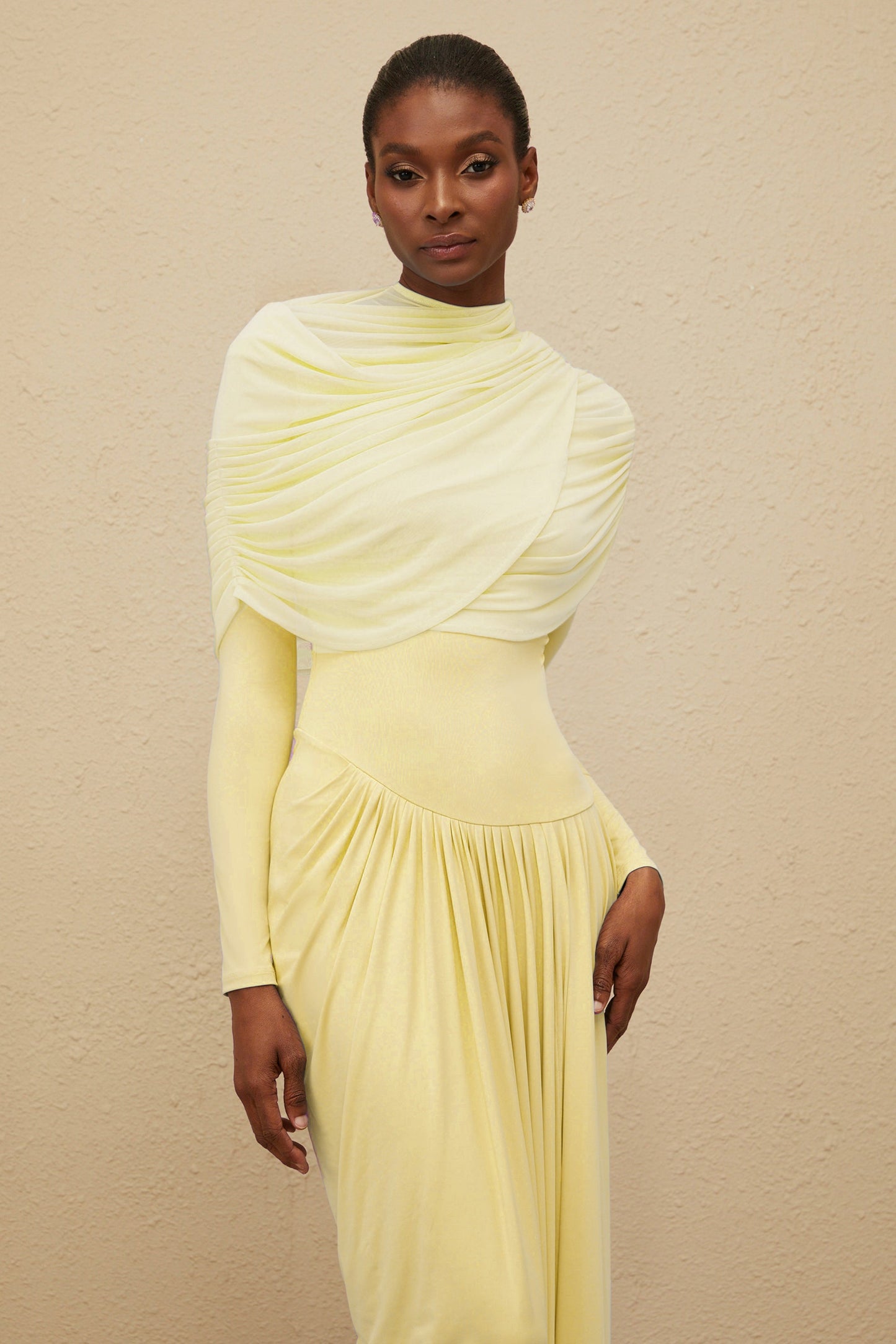 Catherine Yellow Asymmetrical Pleated Long-Sleeve Maxi Dress