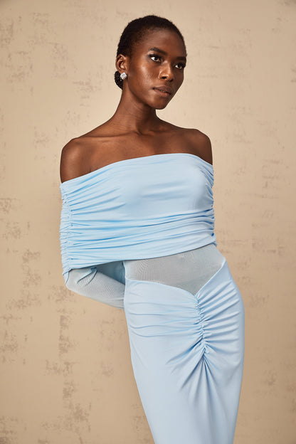 Ninon blue off-shoulder ruched maxi dress