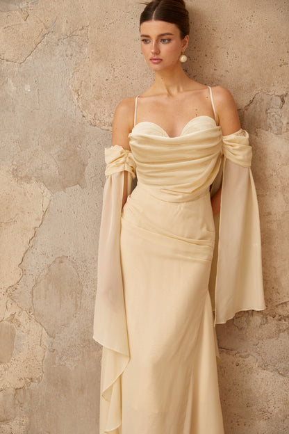 Mélusine Neutral Ruched Chiffon Maxi Dress