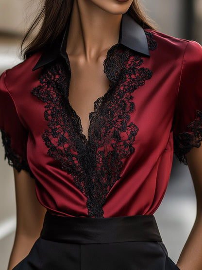 Elegant Burgundy Satin Top with Black Lace Detailing