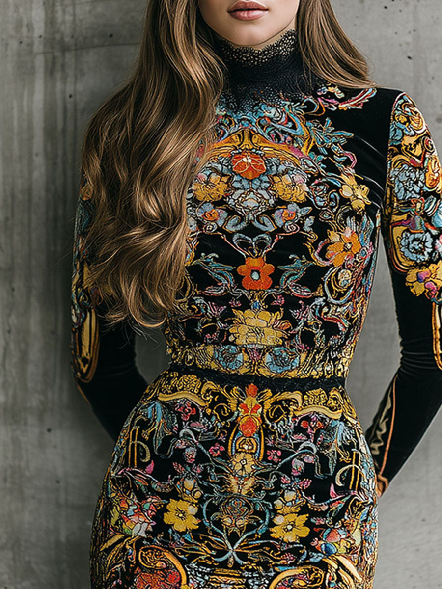 Baroque Multicolor Floral Print Velvet Lace Trim Mini Dress