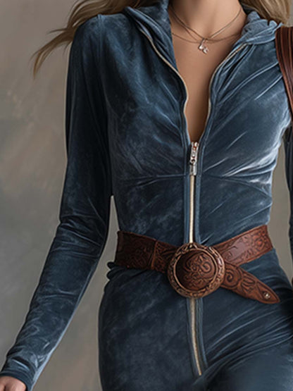 Elegant Haze Blue Hooded Front Zipper Waistband Long Sleeve Wide Leg Jumpsuit