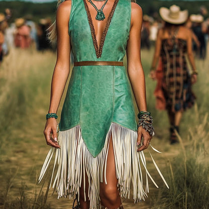 Ursime Western Patterned Deep V Neck Sleeveless Fringe Midi Dress