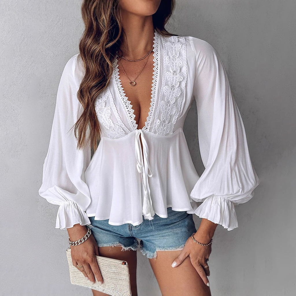 Everyday Lace Deep V Neck Lantern Sleeve Peplum Blouse
