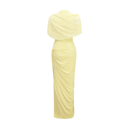 Catherine asymmetrical pleated maxi dress in Yellow