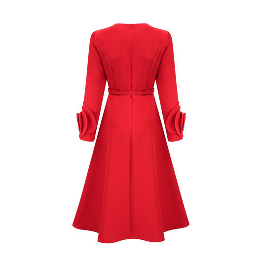 Aurelia red long-sleeve dress with floral embellishments