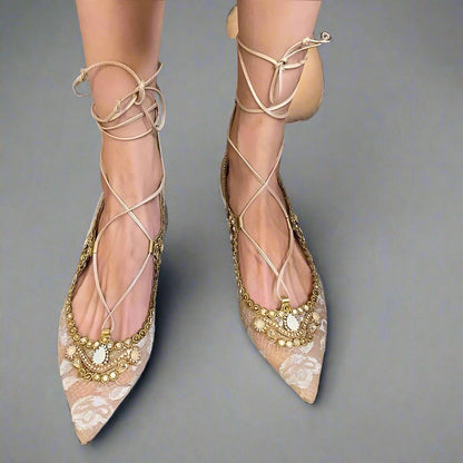 Elegant Nude Pointed Toe Rhinestone Lace-Up Flat Shoes for Women