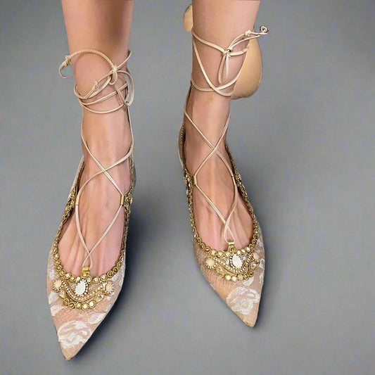 Elegant Nude Pointed Toe Rhinestone Lace-Up Flat Shoes for Women