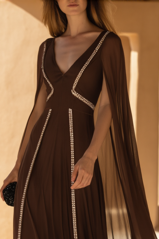 Formal Evening Dress Cape Brown V Neck Floor-Length Gown