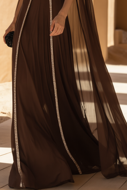 Formal Evening Dress Cape Brown V Neck Floor-Length Gown