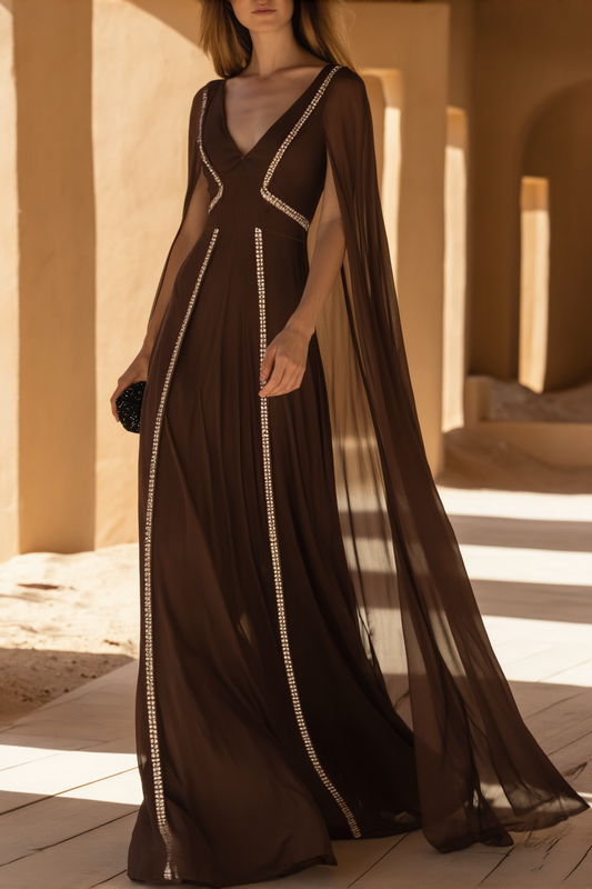 Formal Evening Dress Cape Brown V Neck Floor-Length Gown