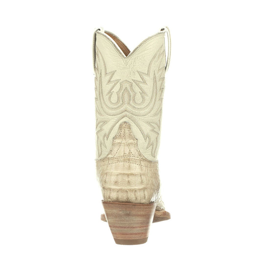 Beige Croco Embossed Pointed Toe Mid-Calf Embroidered Chunky Boots