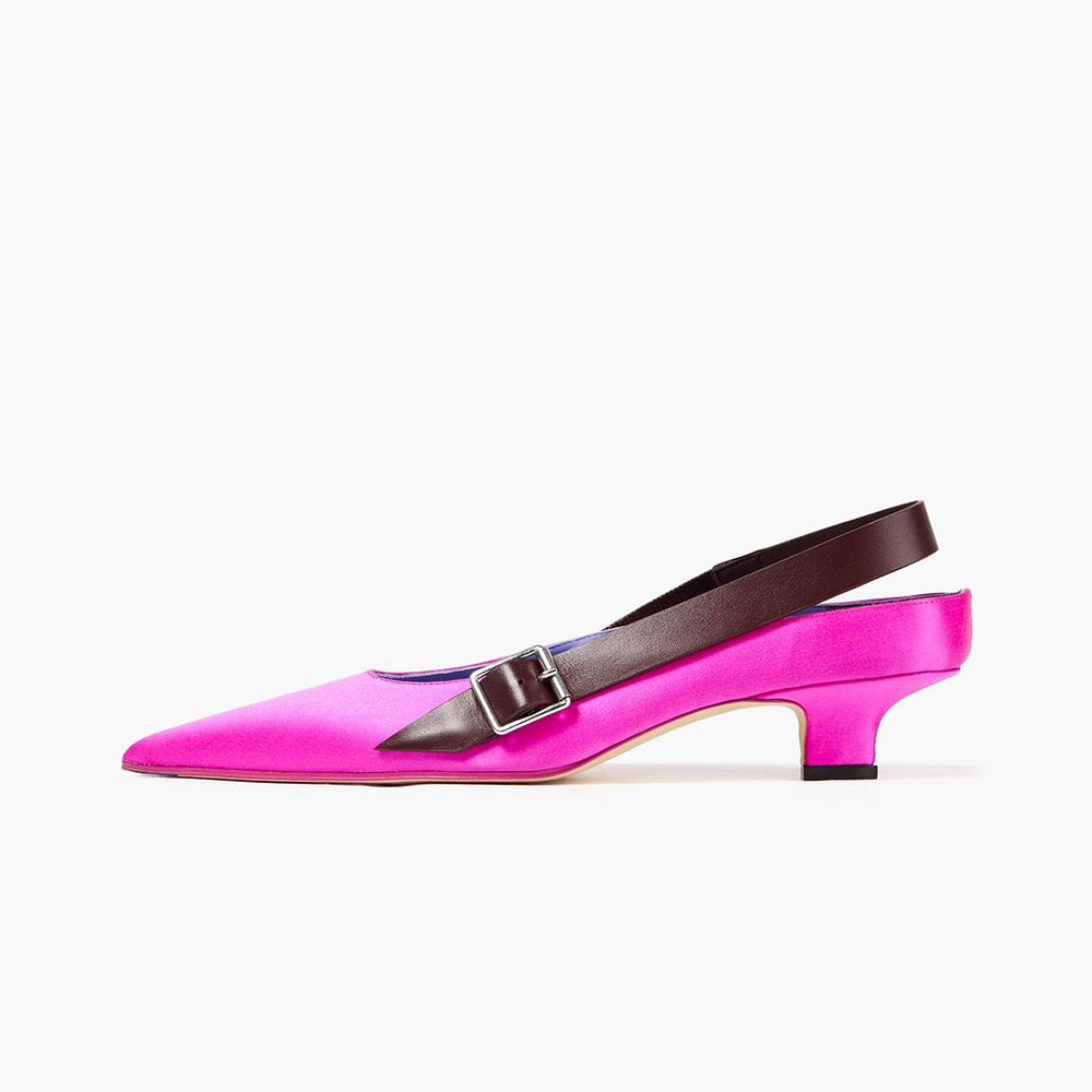 Fuchsia & Brown Satin Pointed Toe Kitten Heel Slingback Pumps