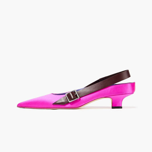 Fuchsia & Brown Satin Pointed Toe Kitten Heel Slingback Pumps