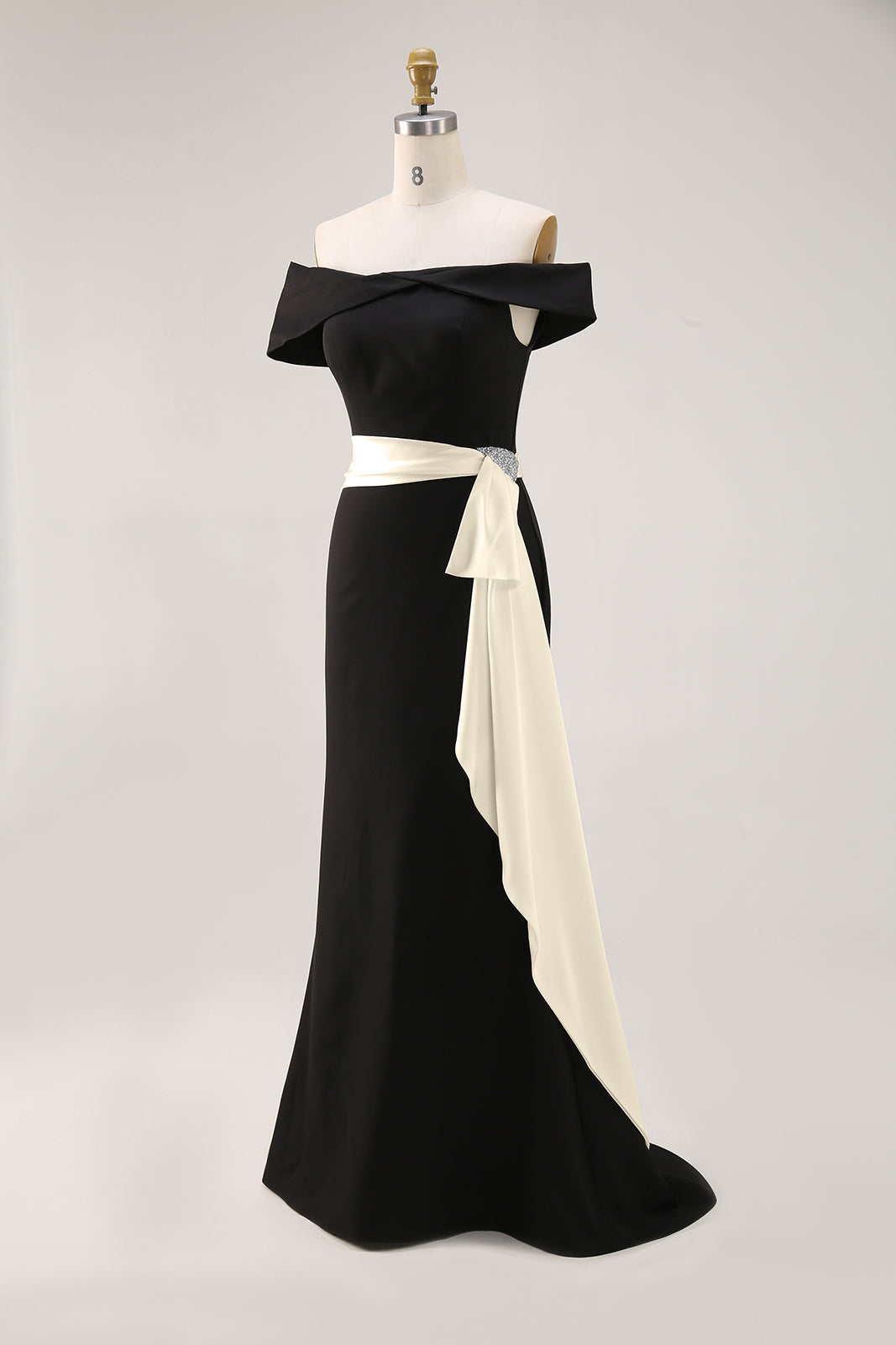 Elegant Evening Satin Dress Off-Shoulder Mermaid White Sash Rhinestone Dress