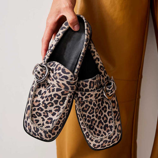 Beige Leopard Print Square Toe Flat Buckled Slip-On Mules