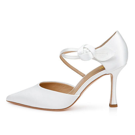 Flower Ankle Strap Pointed Toe Stiletto Heel Pumps for Women in White