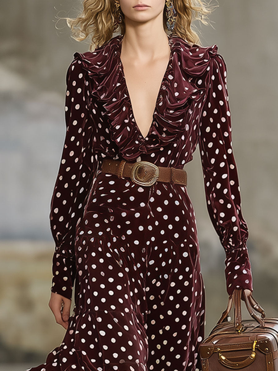 Fashion Retro Wine Red Velvet Polka Dot Print Long Sleeve Ruffled Maxi Dress