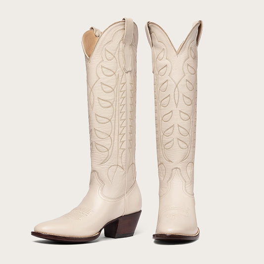 Beige Pointed Toe Block Heel Wide Calf Knee High Cowgirl Boots
