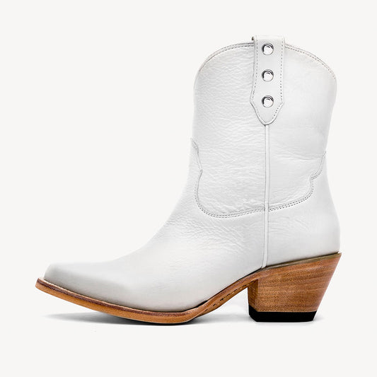 Elegant White Pointed Toe Studded Short Western Boots for Women