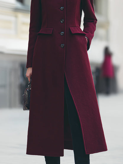 Elegant Tailored Wool Long Coat – Deep Burgundy Sophistication