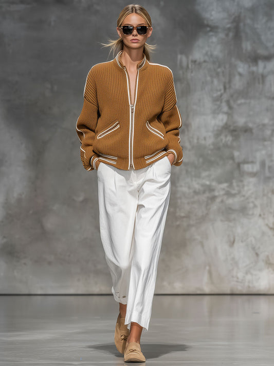 Fashion Retro White Trim Camel Knit Zipper Jacket Cardigan