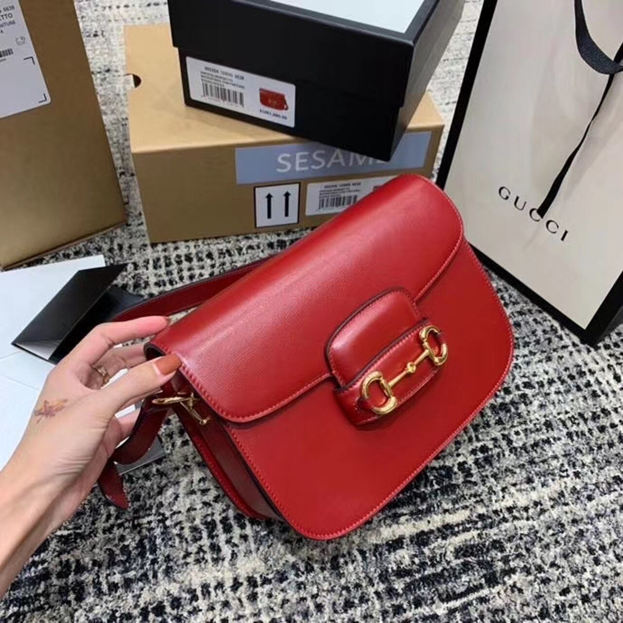 gg Horsebit 1955 Shoulder Bag Red Textured With A Vintage Effect For Women 9.8in/25cm gg ‎602204 1DB0G 6638