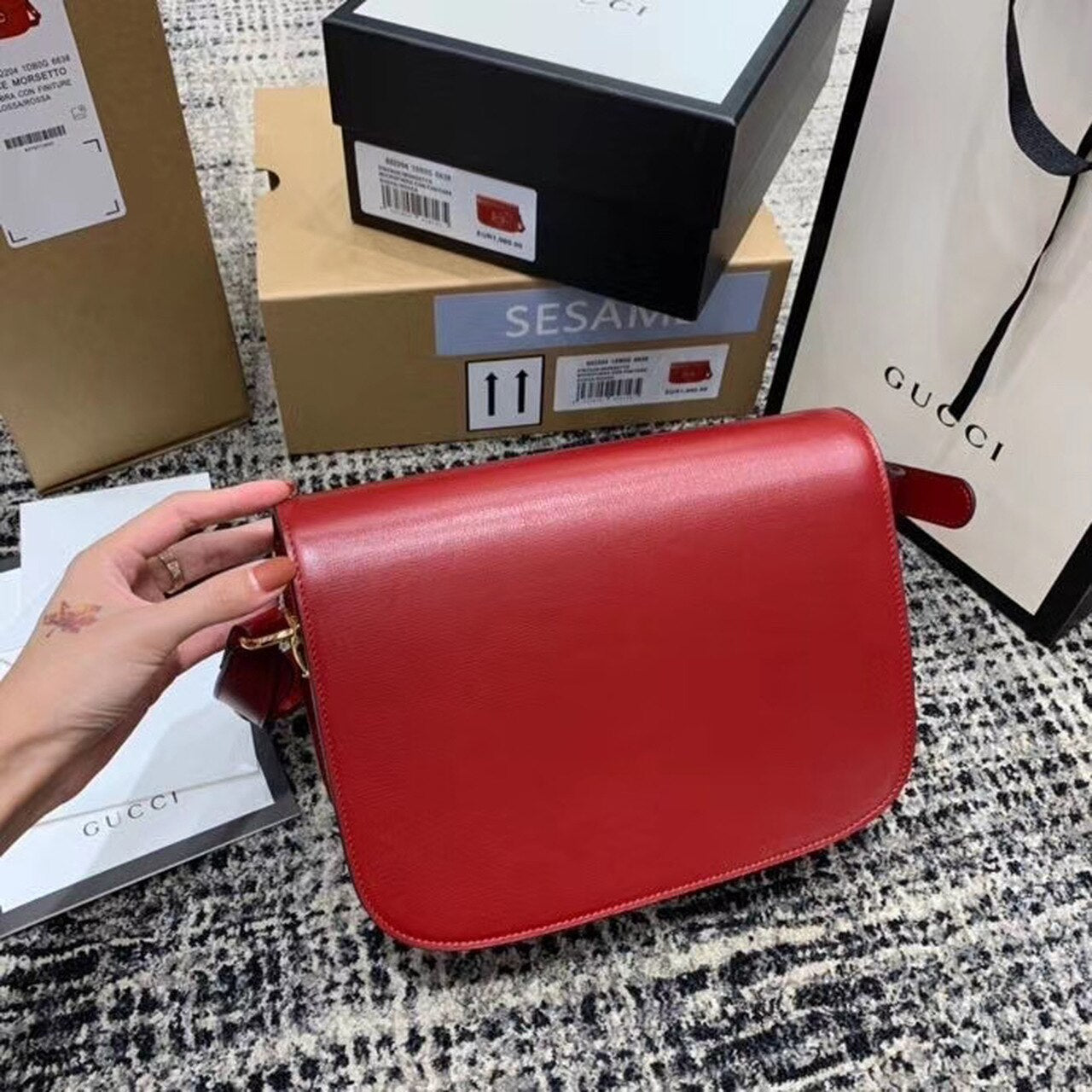 gg Horsebit 1955 Shoulder Bag Red Textured With A Vintage Effect For Women 9.8in/25cm gg ‎602204 1DB0G 6638