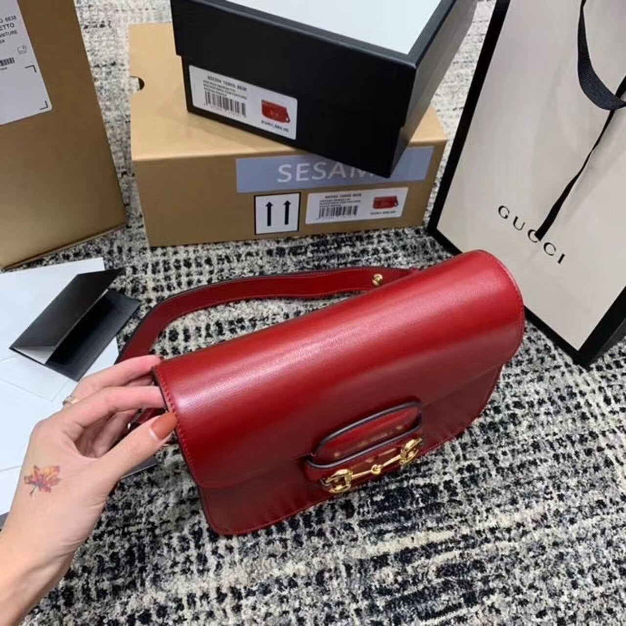 gg Horsebit 1955 Shoulder Bag Red Textured With A Vintage Effect For Women 9.8in/25cm gg ‎602204 1DB0G 6638