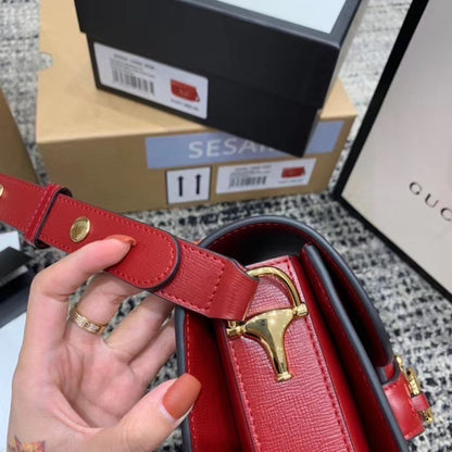 gg Horsebit 1955 Shoulder Bag Red Textured With A Vintage Effect For Women 9.8in/25cm gg ‎602204 1DB0G 6638