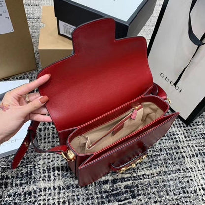 gg Horsebit 1955 Shoulder Bag Red Textured With A Vintage Effect For Women 9.8in/25cm gg ‎602204 1DB0G 6638