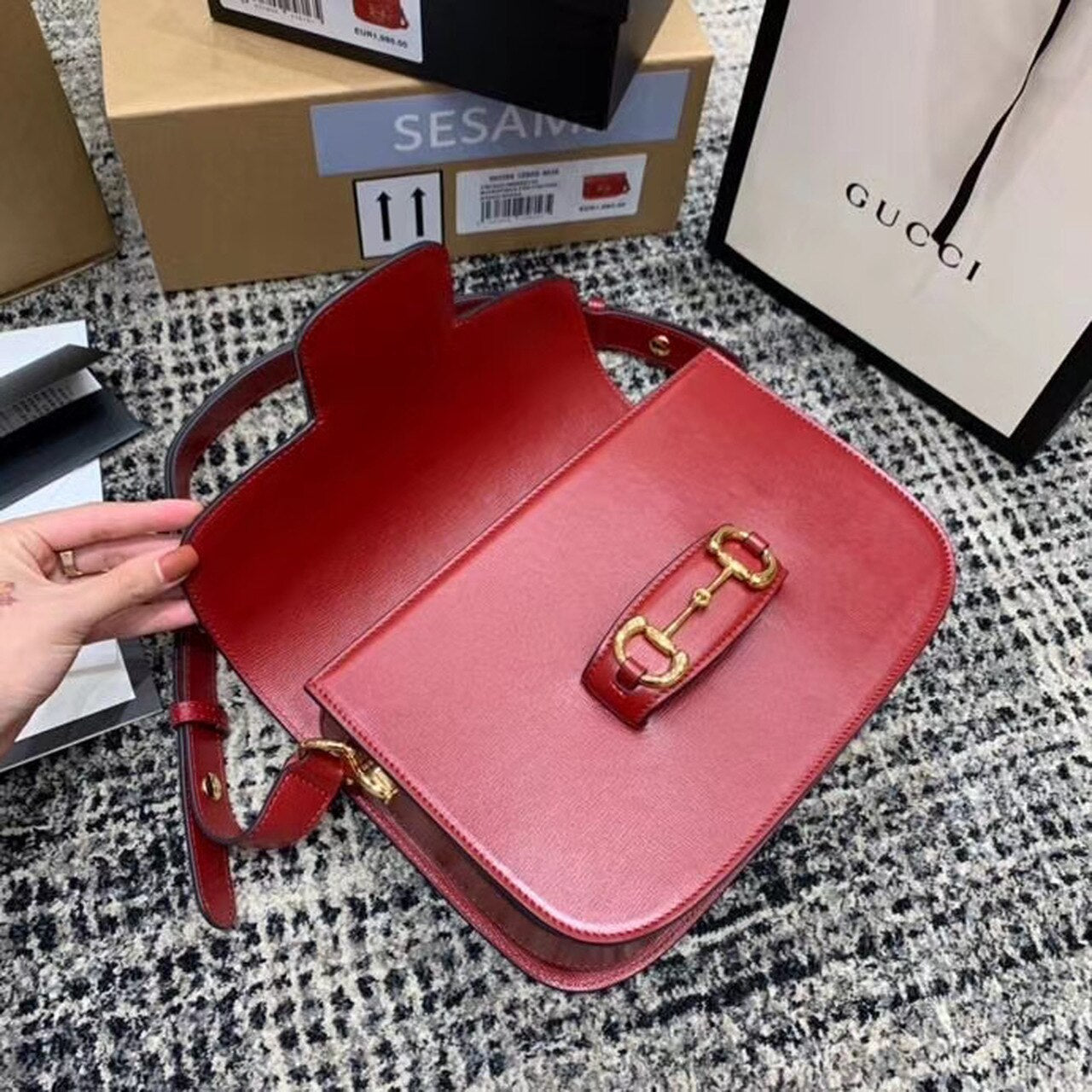 gg Horsebit 1955 Shoulder Bag Red Textured With A Vintage Effect For Women 9.8in/25cm gg ‎602204 1DB0G 6638