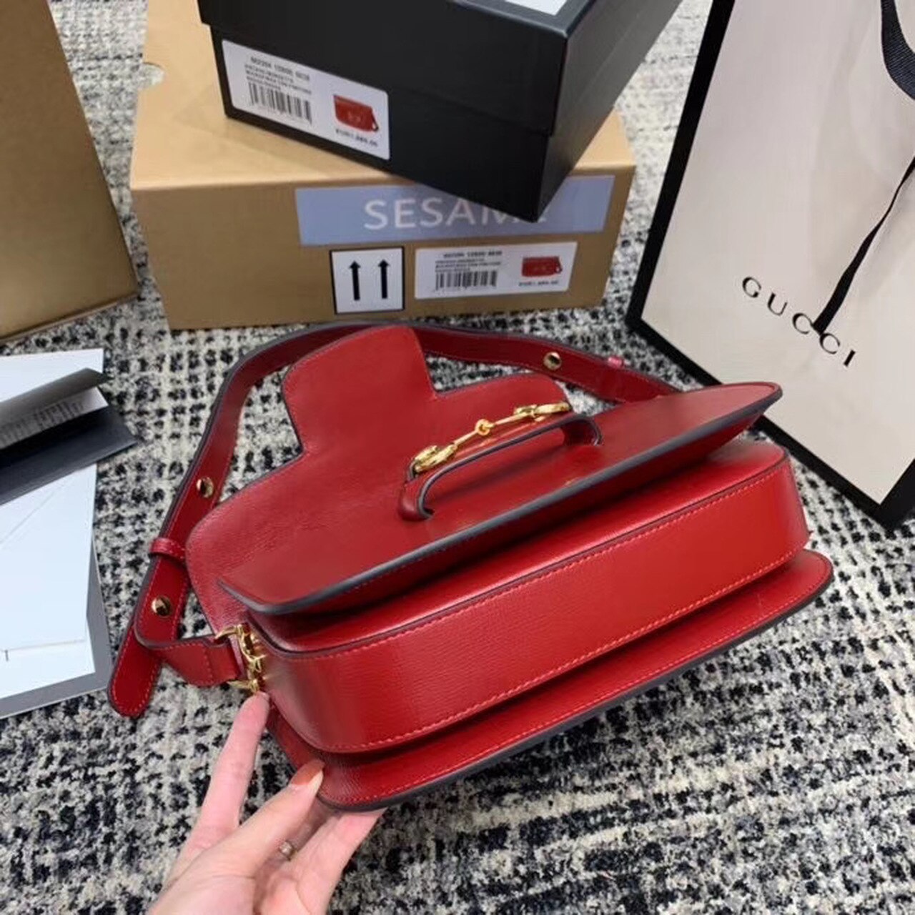 gg Horsebit 1955 Shoulder Bag Red Textured With A Vintage Effect For Women 9.8in/25cm gg ‎602204 1DB0G 6638
