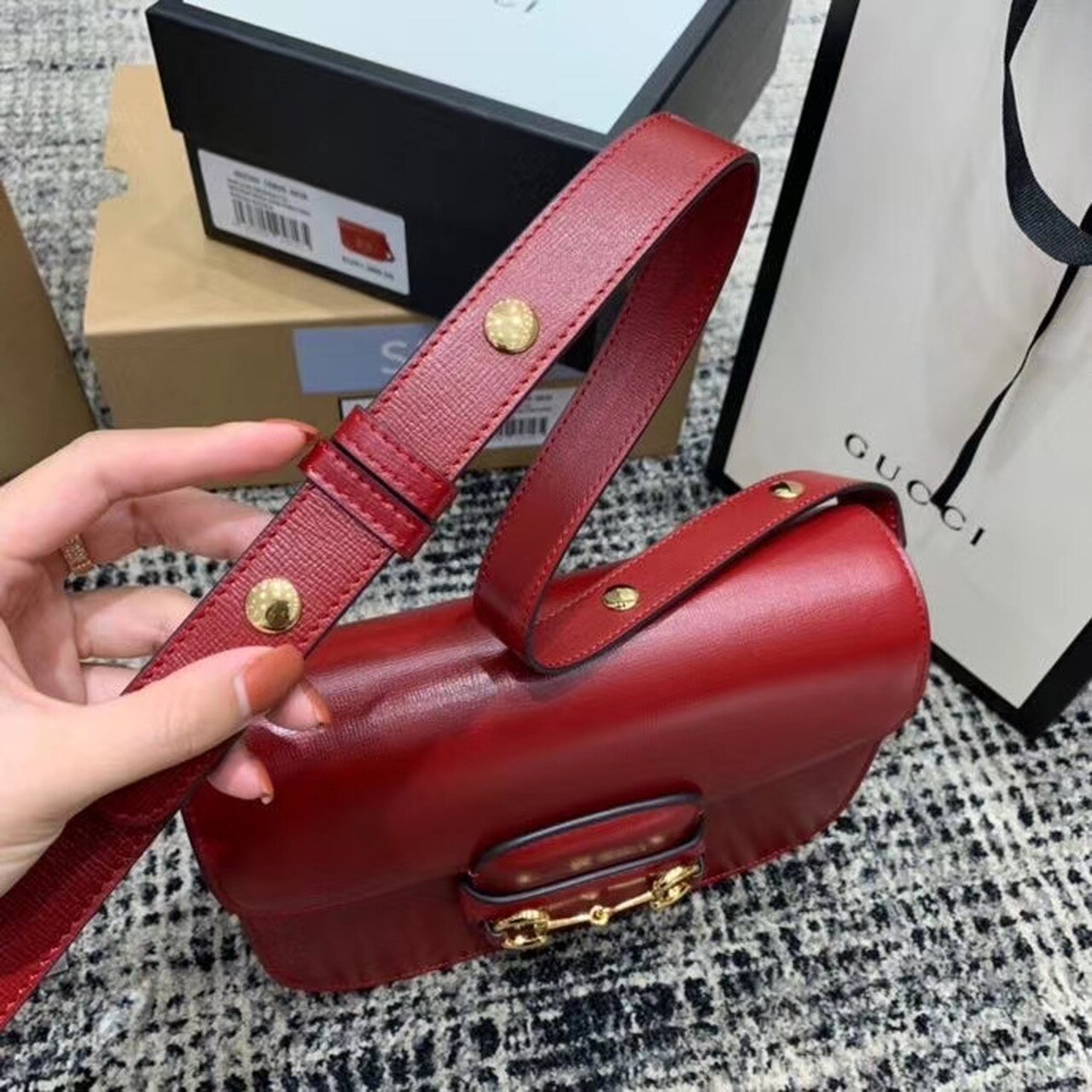 gg Horsebit 1955 Shoulder Bag Red Textured With A Vintage Effect For Women 9.8in/25cm gg ‎602204 1DB0G 6638