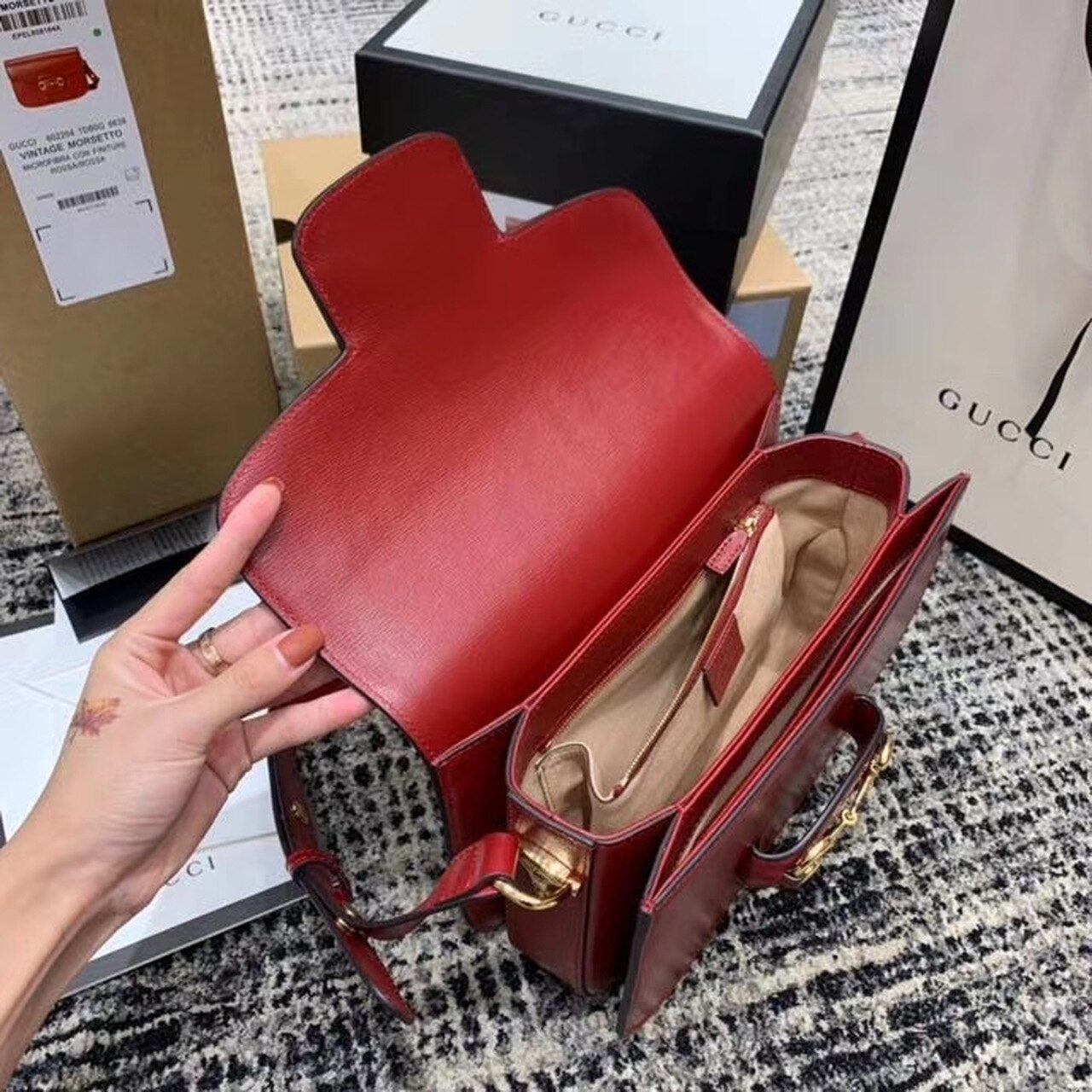 gg Horsebit 1955 Shoulder Bag Red Textured With A Vintage Effect For Women 9.8in/25cm gg ‎602204 1DB0G 6638